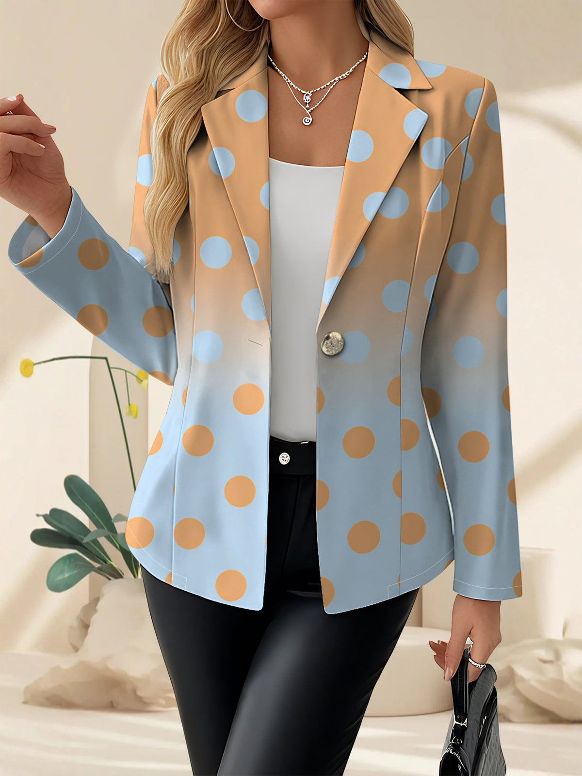 This Elegant Women's Blazer, Suitable for Spring and Autumn, Is an Ideal Choice for Comfortable Casual Attire. It Features a Harmonious, Refined Color Palette and a Unique, Fresh, and Graceful Print That Exudes a Youthful, Vibrant Charm. - Blue-orange Gradient