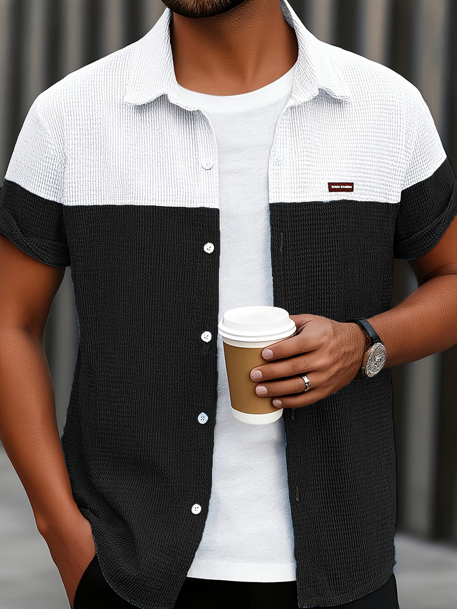Men's Blue and White Contrast Corn Husk Grain Fabric Comfortable and Breathable Material, Lapel Collar, Full Open Front, Contrast Button Design, Suitable for Daily Casual, Fashionable, Simple Outings, Commuting, Street Style, Outings, and Summer New - Black