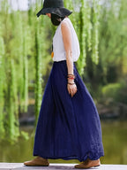BK031606 Spring Summer Fall New Women'S Solid Retro Style Midi Skirt - Breathable, Loose Fit with Pockets, Spring Fall Elegant Casual Design - Blue