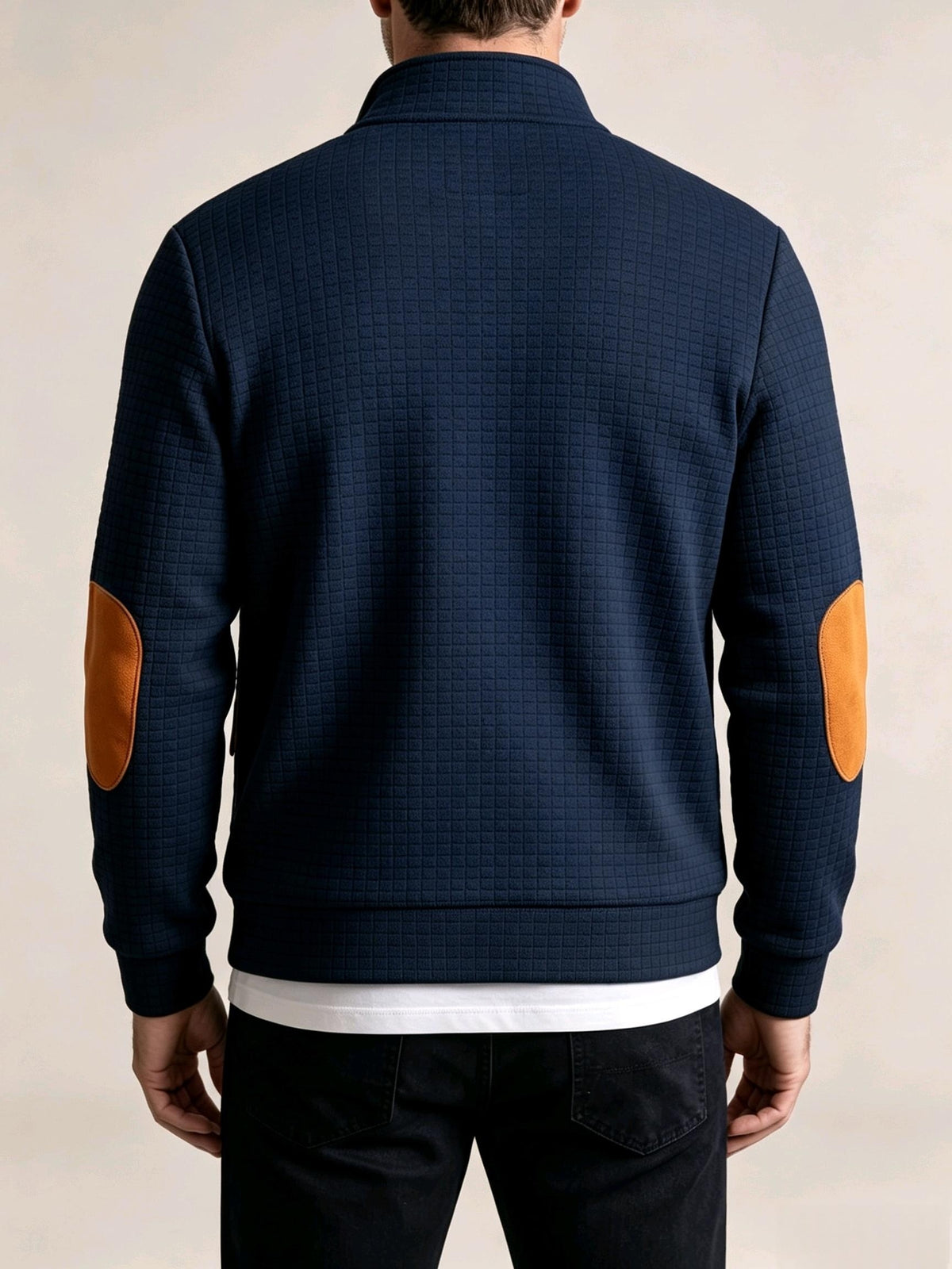 2pcs Men'S Autumn Winter Sports Small Stand-Up Collar Zipper Pocket Jacket, Spring Autumn Versatile Zipper Cardigan Top, Fashionable Plaid Jacquard Texture Fabric, Stylish Elbow Classic Color-Block Casual Coat, Suitable As Men'S Holiday Gift - Navy Blue + Black