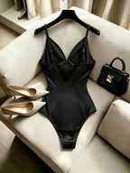 The New Women's Fashionable and All-match Summer Elegant Solid Color Backless Thin Shoulder Sleeveless Satin 1pc, Sexy and Fashionable, Suitable for Parties, Banquets, Music Festivals, Vacations, Beaches and Other Occasions. - Black