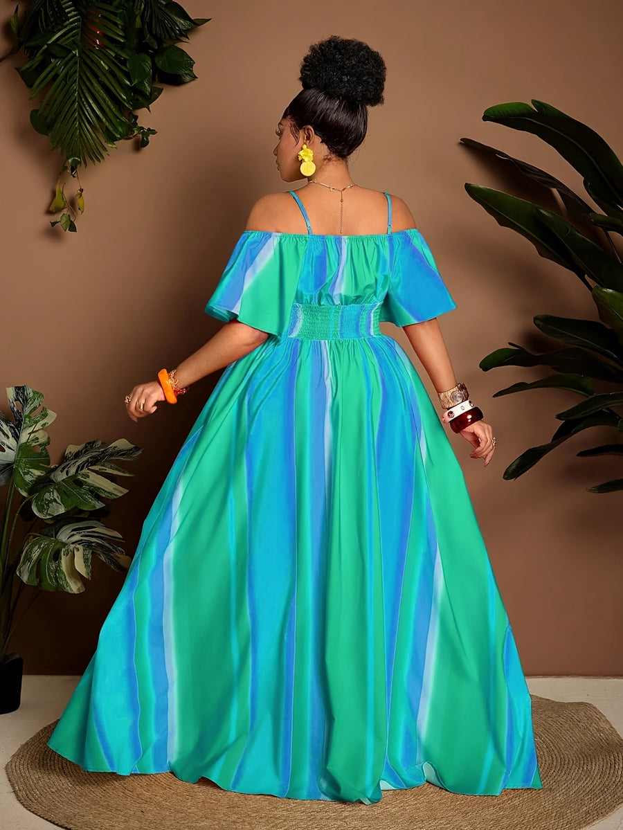 Plus Size Women'S Printed New Spring Summer Off-Shoulder Long Dress - Green