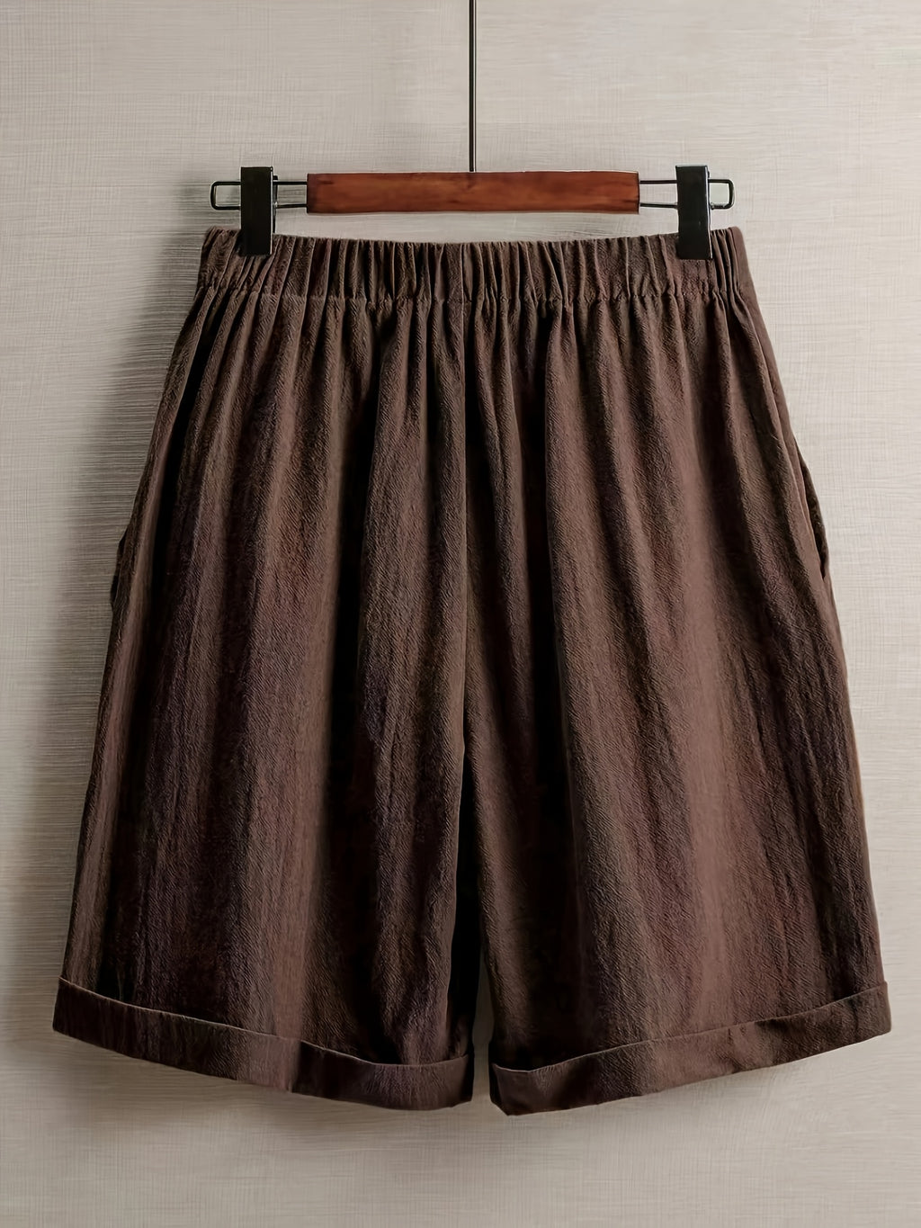 SQ26032726 Women'S Casual Easy Design Solid Color Linen Comfortable Breathable Pocket Shorts Suitable for Going Out, Summer, Vacation, Holiday Wear - Coffee Color