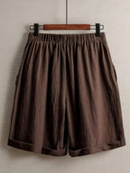 SQ26032726 Women'S Casual Easy Design Solid Color Linen Comfortable Breathable Pocket Shorts Suitable for Going Out, Summer, Vacation, Holiday Wear - Coffee Color