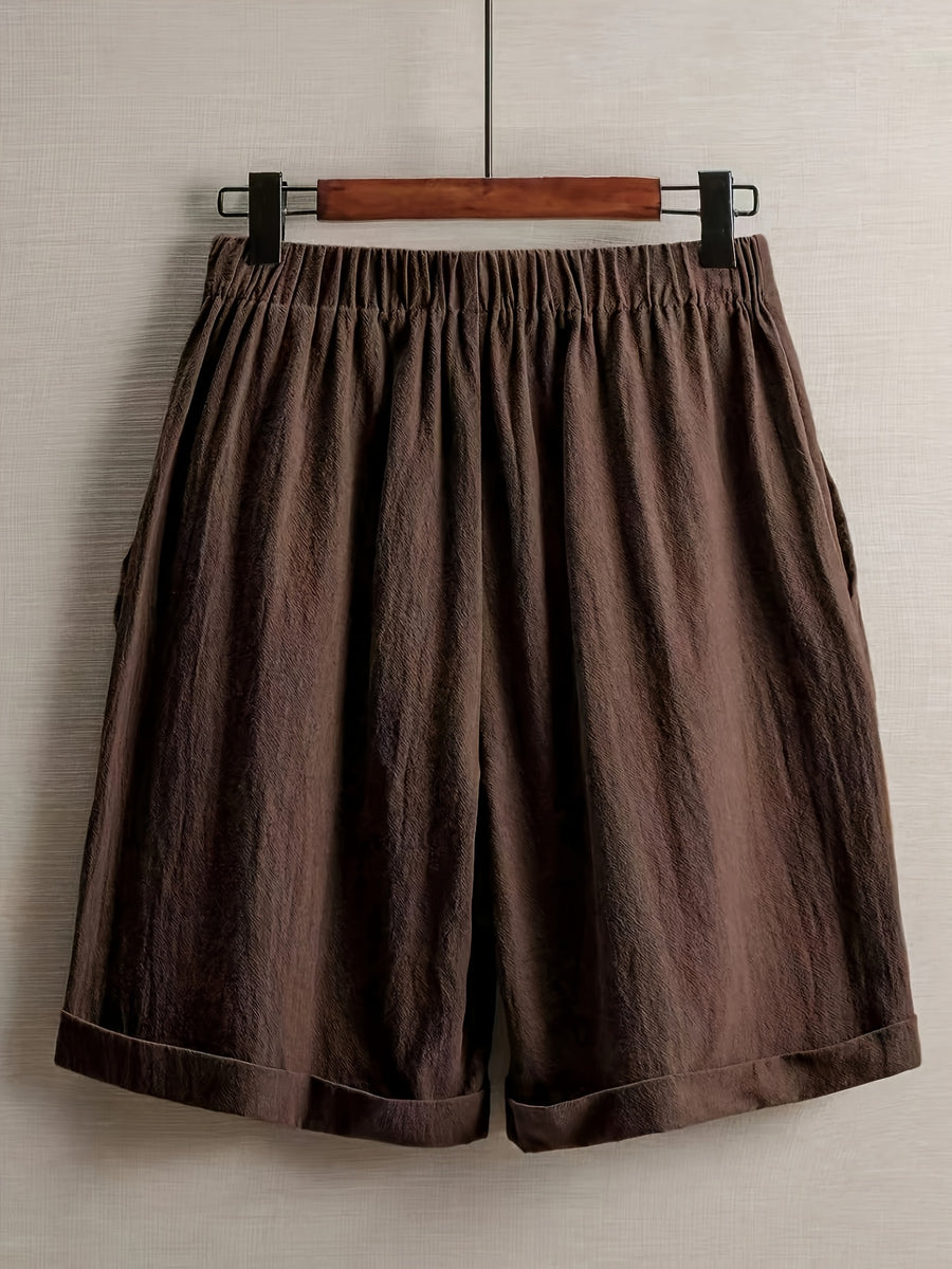 SQ26032726 Women'S Casual Easy Design Solid Color Linen Comfortable Breathable Pocket Shorts Suitable for Going Out, Summer, Vacation, Holiday Wear - Coffee Color