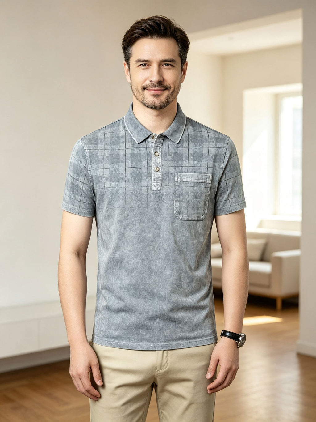 American-style Washed Distressed Short-Sleeve T-Shirt for Middle-Aged and Elderly, with Real Pockets, Casual Nostalgic Vintage Polo Shirt, Washed Distressed Fade Effect - Light Grey