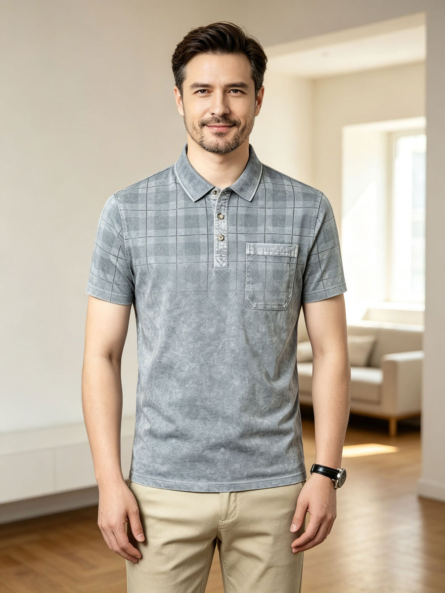 American-style Washed Distressed Short-Sleeve T-Shirt for Middle-Aged and Elderly, with Real Pockets, Casual Nostalgic Vintage Polo Shirt, Washed Distressed Fade Effect - Light Grey