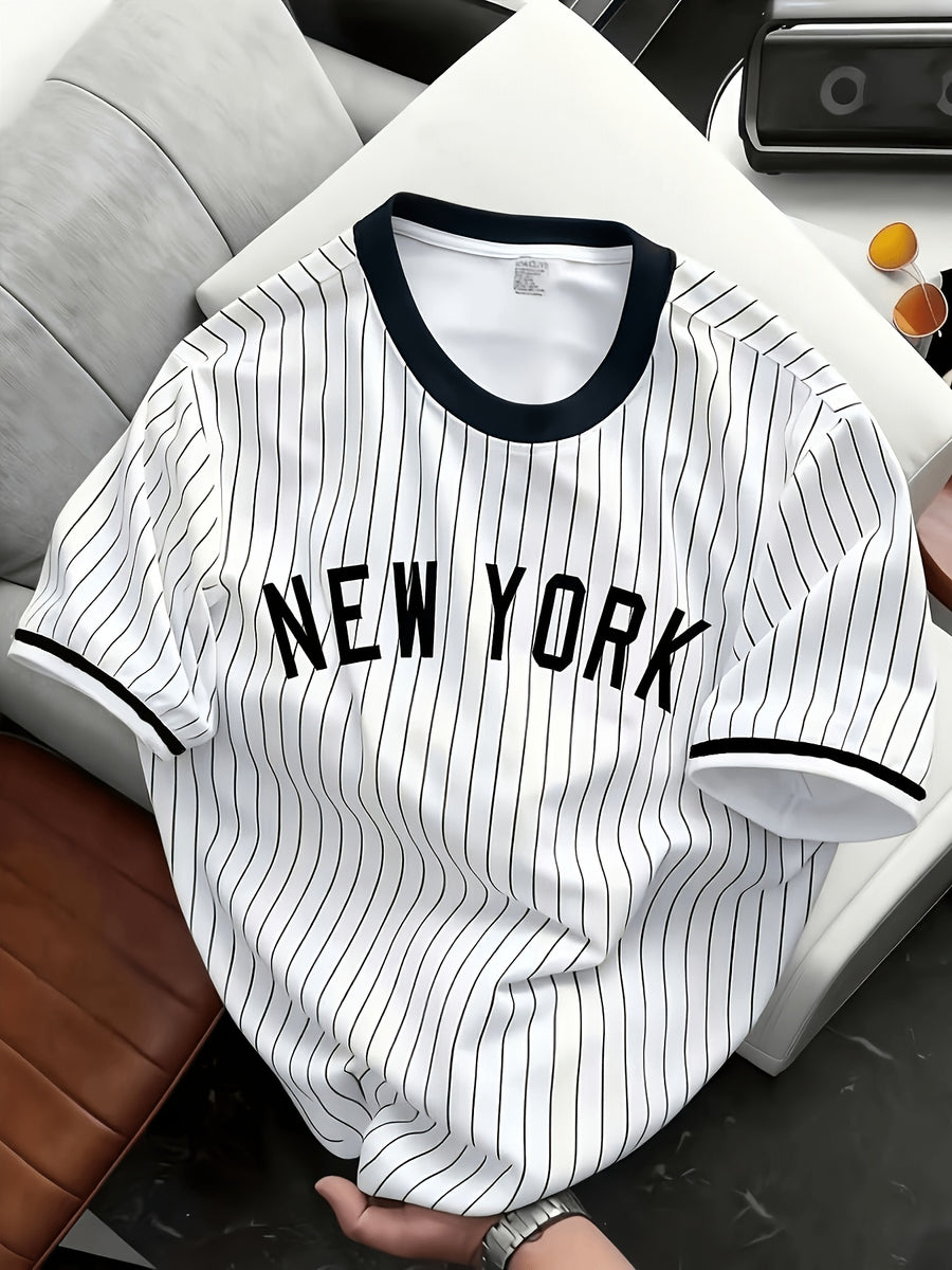 Men'S Trendy Casual Sports T-Shirt, Vintage NEW YORK Letter Striped Print Design, Fashionable Thin And Breathable Tee, Machine Washable Casual Short Sleeve Top - Mixed Color 2