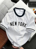 Men'S Trendy Casual Sports T-Shirt, Vintage NEW YORK Letter Striped Print Design, Fashionable Thin And Breathable Tee, Machine Washable Casual Short Sleeve Top - Mixed Color 2