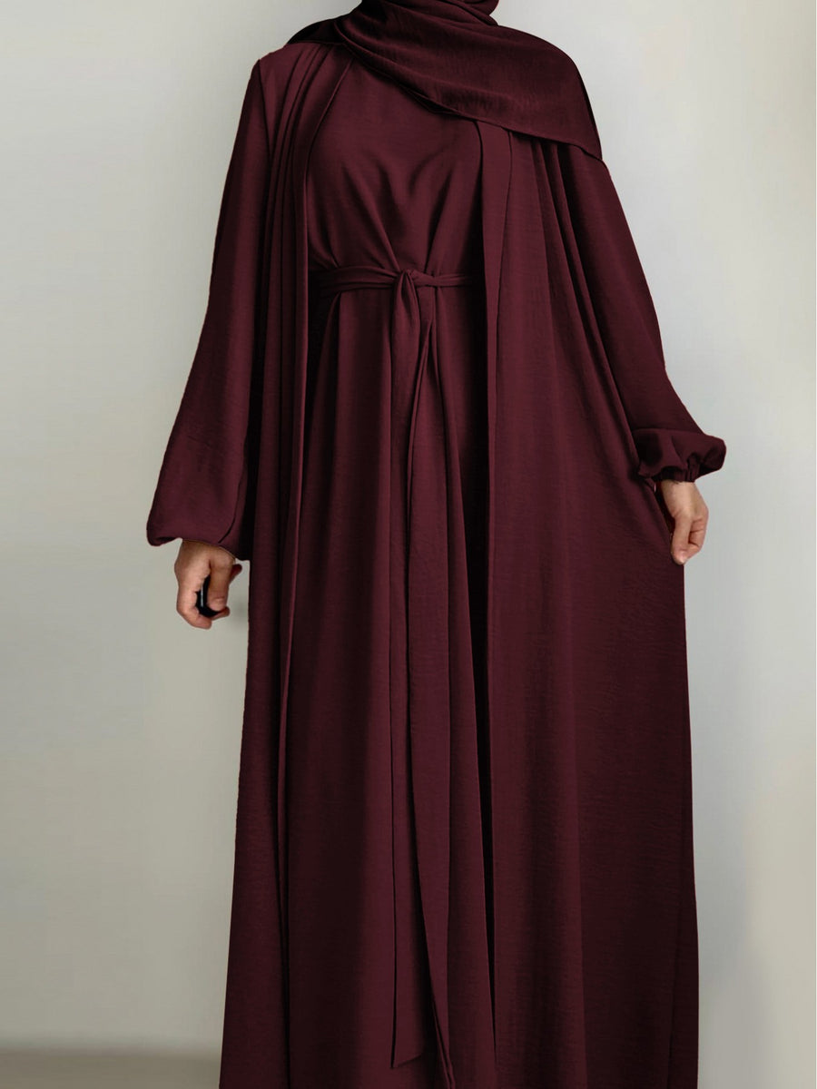 New Middle Eastern Dubai 3pcs Abaya Set - Women'S Traditional Belted Waist Dress with Cardigan And for Ramadan - Burgundy