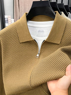 Men's Lapel Zipper Twill Knit Cardigan, Featuring a Classic Small Lapel Structure That Distinguishes It from Ordinary Crewneck Sweaters, Exuding a Sharp and Capable Business Aesthetic - SINBOS - Khaki