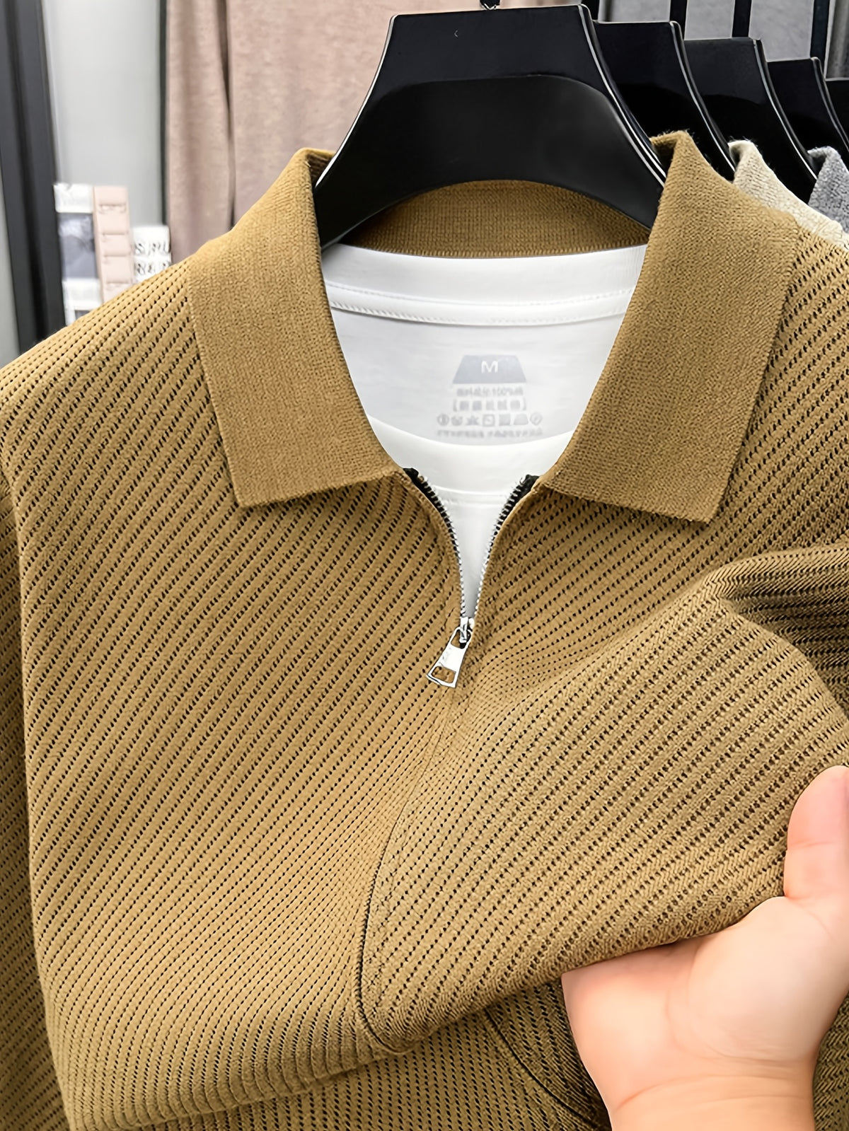 Men's Lapel Zipper Twill Knit Cardigan, Featuring a Classic Small Lapel Structure That Distinguishes It from Ordinary Crewneck Sweaters, Exuding a Sharp and Capable Business Aesthetic - SINBOS - Khaki