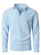 KJ-CX023-YY Old Money Style Men'S Solid Color Henley Lapel Long Sleeve Top V-Neck Pullover Shirt Beach Vacation Casual Shirt Outerwear - Light Blue