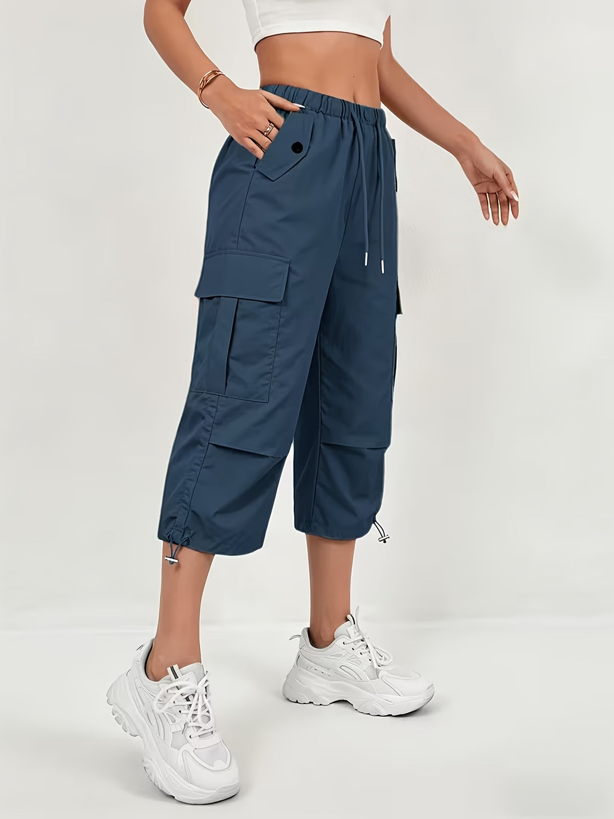 Women'S Quick-Dry Cargo Capri Pants with Elastic Waist And Drawstring - Lightweight Stretch Suitable for Outdoor Pants, Multi-Trousers, Machine Washable Loose-Fit Mid-Length for Travel, Casual Attire - Navy Color