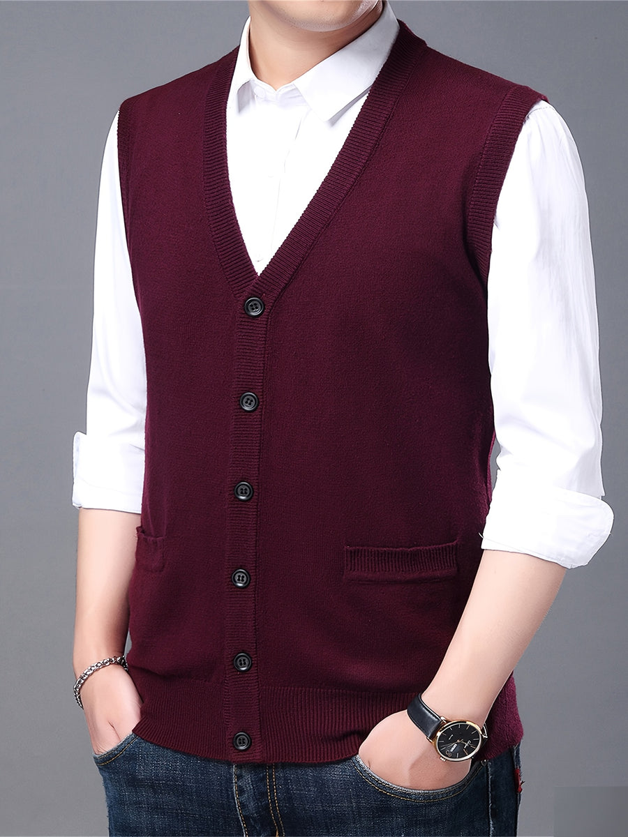 Autumn Winter Men'S Knit Cardigan Vest Men'S Casual Solid Color Pocketed Knit Vest Men'S V-Neck Open Front Sleeveless Sweater - Burgundy