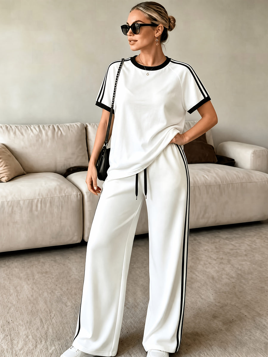 2pcs Set Women's Regular Size Short Sleeve Long Pants Outfit, Color-Blocked Comfortable Soft Casual Sportswear Set with Long Sweatpants and Short Sleeve Top - White