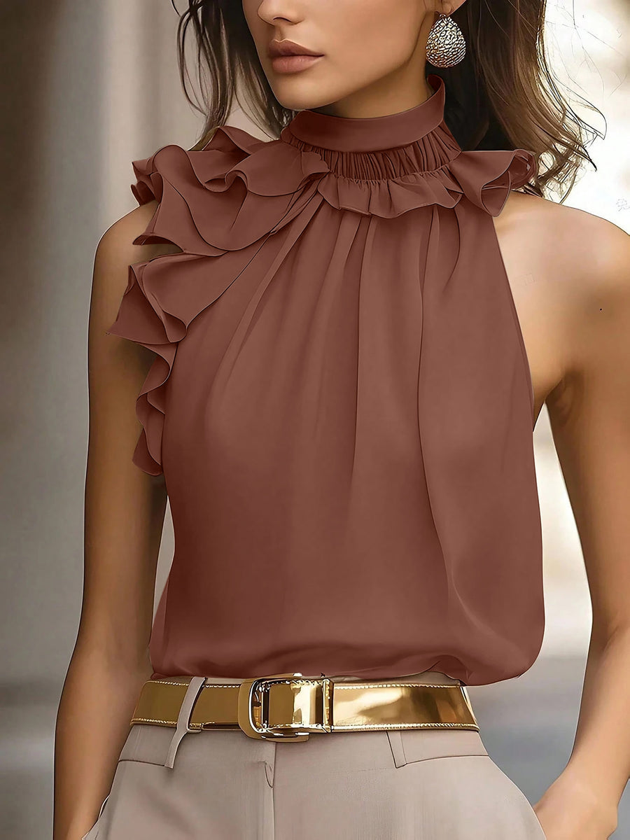 Fashionable Office Women's Solid Color Halter Top, Versatile Pleated Halter for Daily Gatherings, Sleeveless Top Suitable for Spring and Autumn, Standard Size Women's Top - Bean color