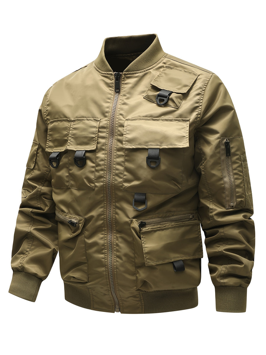 Men's Functional Style Baseball Collar Workwear Jacket, Trendy Multi-Pocket Design, Vintage Pilot Jacket Style, Suitable for Spring and Autumn, Daily Outings, and Outdoor Commuting Workwear Jacket - Khaki