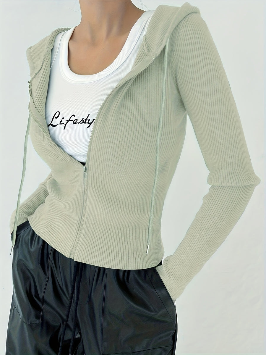 Women's Slim-Fit Solid Color Hooded Long Sleeve Casual Jacket - Yellow-green