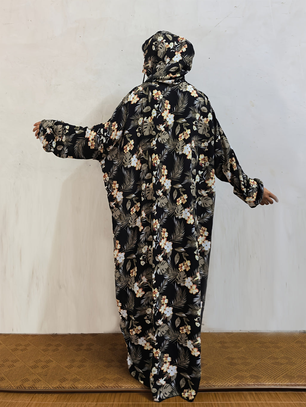 Elegant Floral Print Hooded Abaya with Drawstring - Long Sleeve, Loose Fit, Rayon, Perfect for Eid al-Adha and Prayer, Elegant Attire|Floral Print Abaya|Loose Fit Abaya - Multicolor
