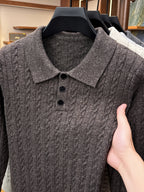 Men's Lapel-neck Autumn/winter Warm Sweater, Classic Cable Knit Texture with Soft, Skin-friendly Fabric, Casual and Fashionable Everyday Knitwear - Coffee Color