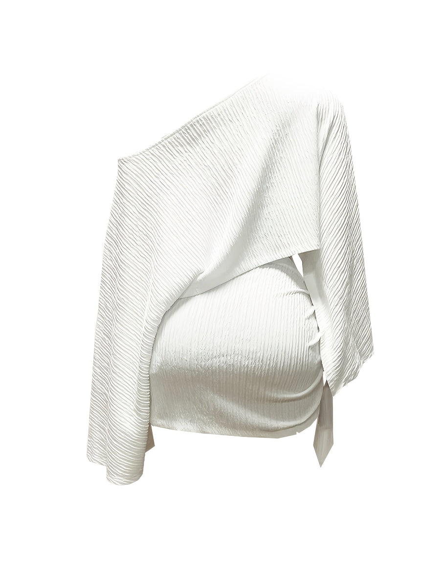 Women's Summer Versatile Elegant Off-Shoulder Top and Skirt 2pcs Set, Cross-Back Top, Fashionable Vacation and Date Outfit Set, Versatile Women's Top, Women's Summer Clothing, Summer Women's Apparel, Base Layer, Dress, Pullover, Long-Sleeve Top - White