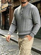 FORLENGKE Autumn Winter Men'S Henley Collar Half-Button Cable Knit Top Vintage Street Style 3D Twist Knit Long Sleeve Sweater Loose Slimming Casual Versatile Inner Wear Outer Wear Pullover Shirt - Grey
