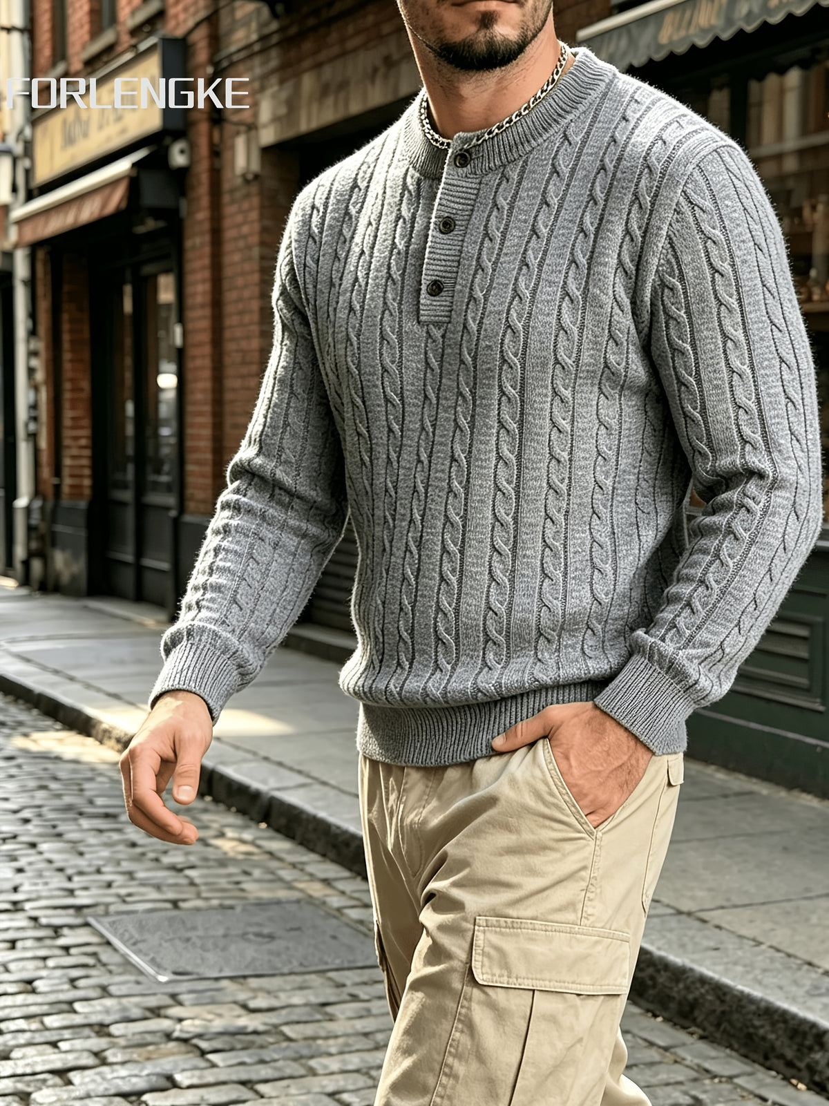 FORLENGKE Autumn Winter Men'S Henley Collar Half-Button Cable Knit Top Vintage Street Style 3D Twist Knit Long Sleeve Sweater Loose Slimming Casual Versatile Inner Wear Outer Wear Pullover Shirt - Grey