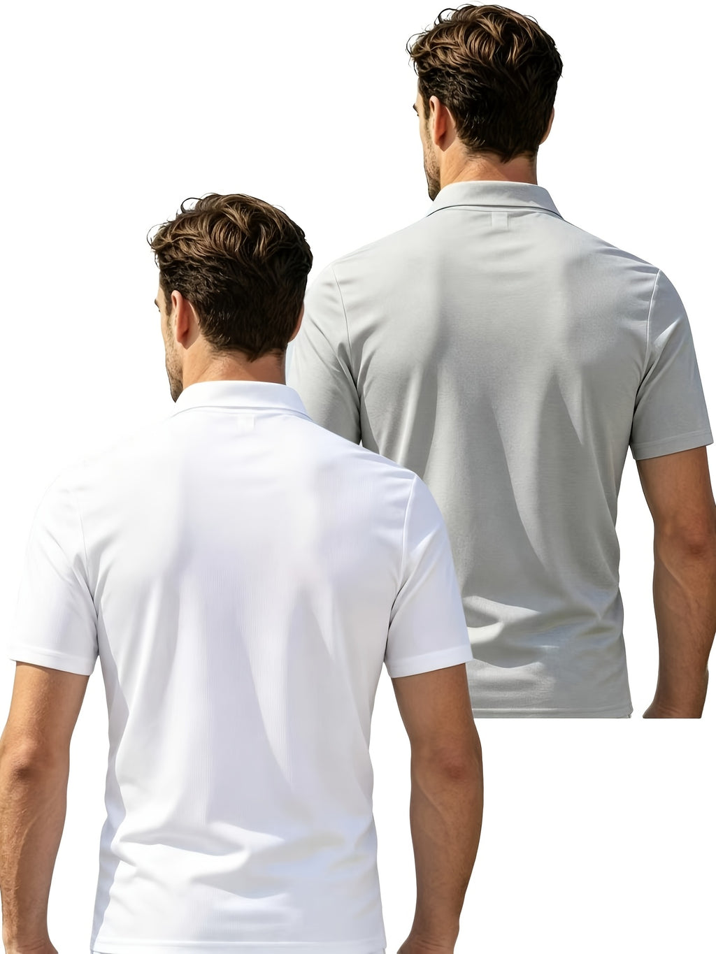 2pcs Men'S Short Sleeve Casual Athletic Polo Shirt Set, Zipper Collar, Comfortable And Breathable, Original Design - White Plus Light Gray