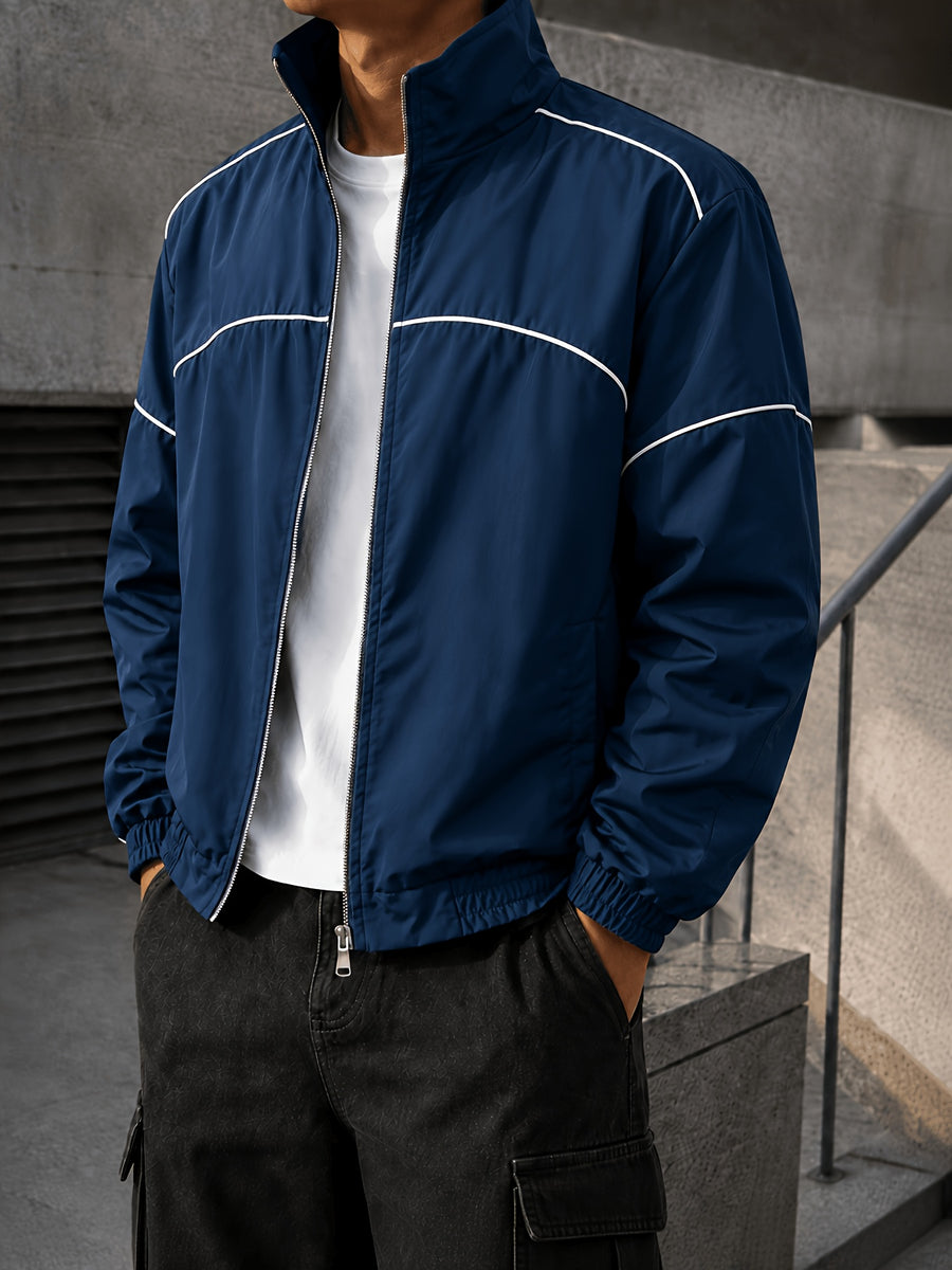 Men'S Color-Block Striped Stand-Collar Jacket, Autumn Casual Sporty Loose Long Sleeve Zipper Top, Western Street All-Match Commute Outdoor Men'S Clothing - Deep Blue
