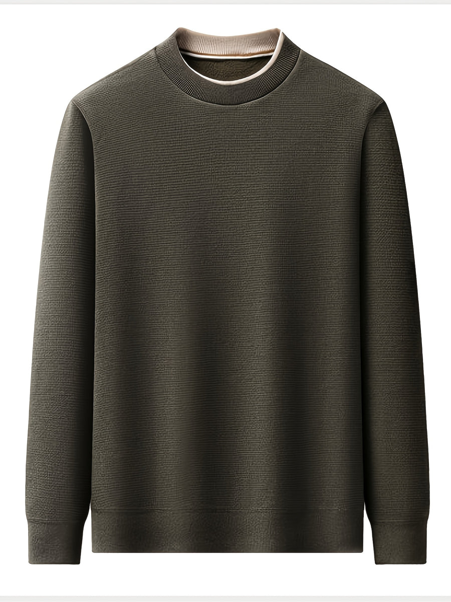 Men'S Round Neck Knit Sweater, Gray Contrast Trimmed Collar Long Sleeve, Light Business Style, Regular Fit for Fall/Winter, Suitable for Layering And Casual Outings - Lime Green