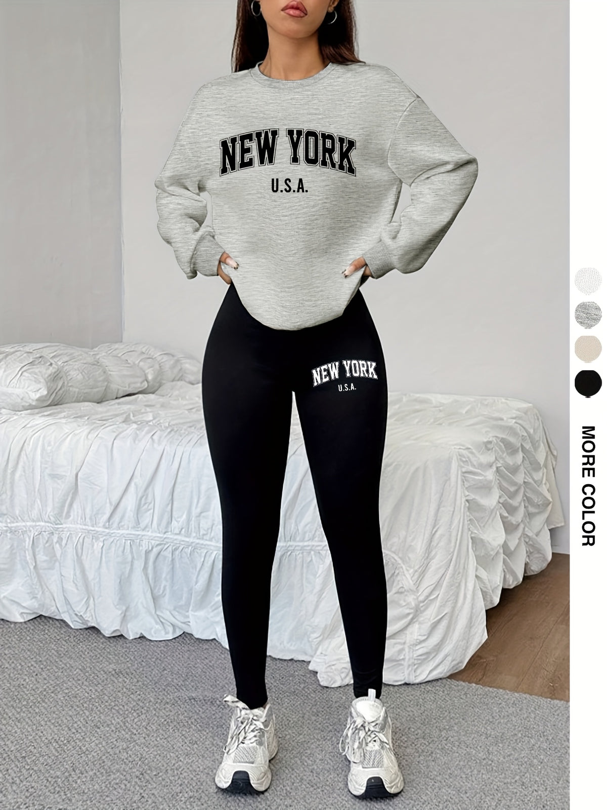 1014Gwen, 1 Set Casual Women'S Sweatshirt Set 2pcs, Letter Print, Round Neck Long Sleeve Sweatshirt, Long Leggings, Single Wear Or Layering, Suitable for Autumn Winter, Women'S Clothing - Grey+Black