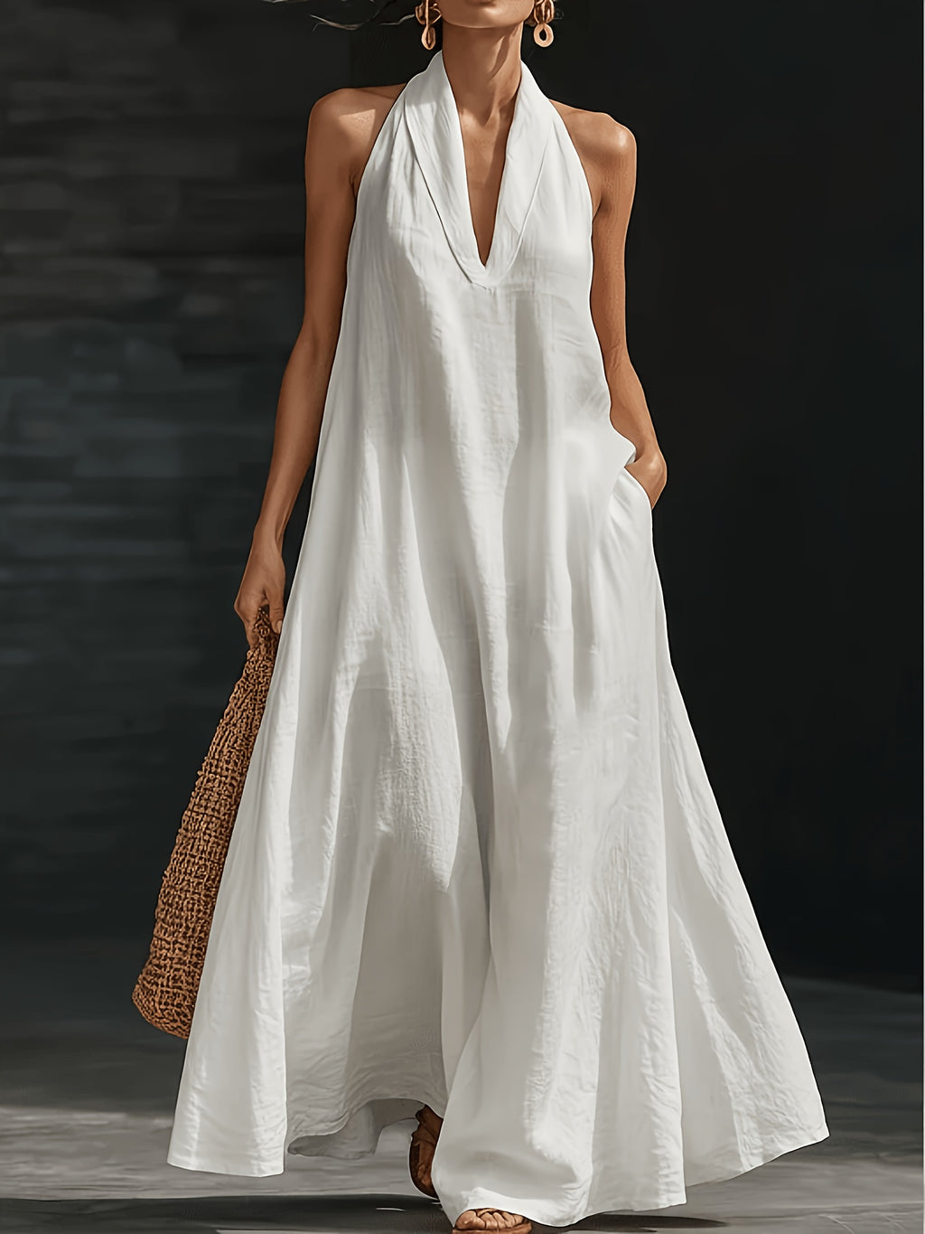 Women's Summer V-Neck Linen-Look Maxi Dress with Hidden Pockets - White