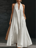 Women's Summer V-Neck Linen-Look Maxi Dress with Hidden Pockets - White