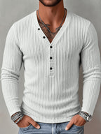 Men'S Fashion Men'S Top, Autumn Winter Outdoor Casual Fashion Men'S Wear, Solid Texture Jacquard Fabric V-Neck Single-Button Long Sleeve Men'S Henley Shirt - White