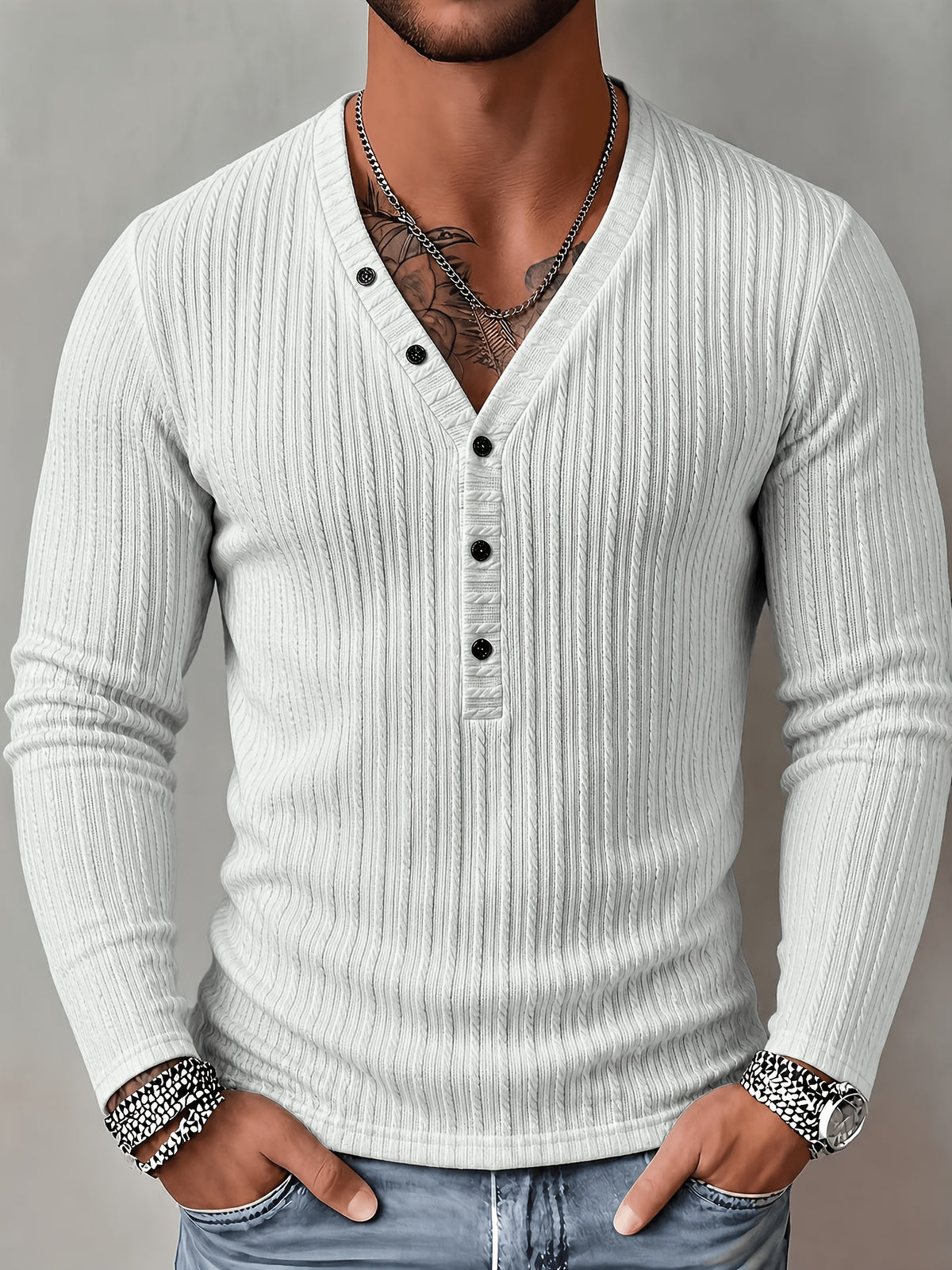 Men'S Fashion Men'S Top, Autumn Winter Outdoor Casual Fashion Men'S Wear, Solid Texture Jacquard Fabric V-Neck Single-Button Long Sleeve Men'S Henley Shirt - White