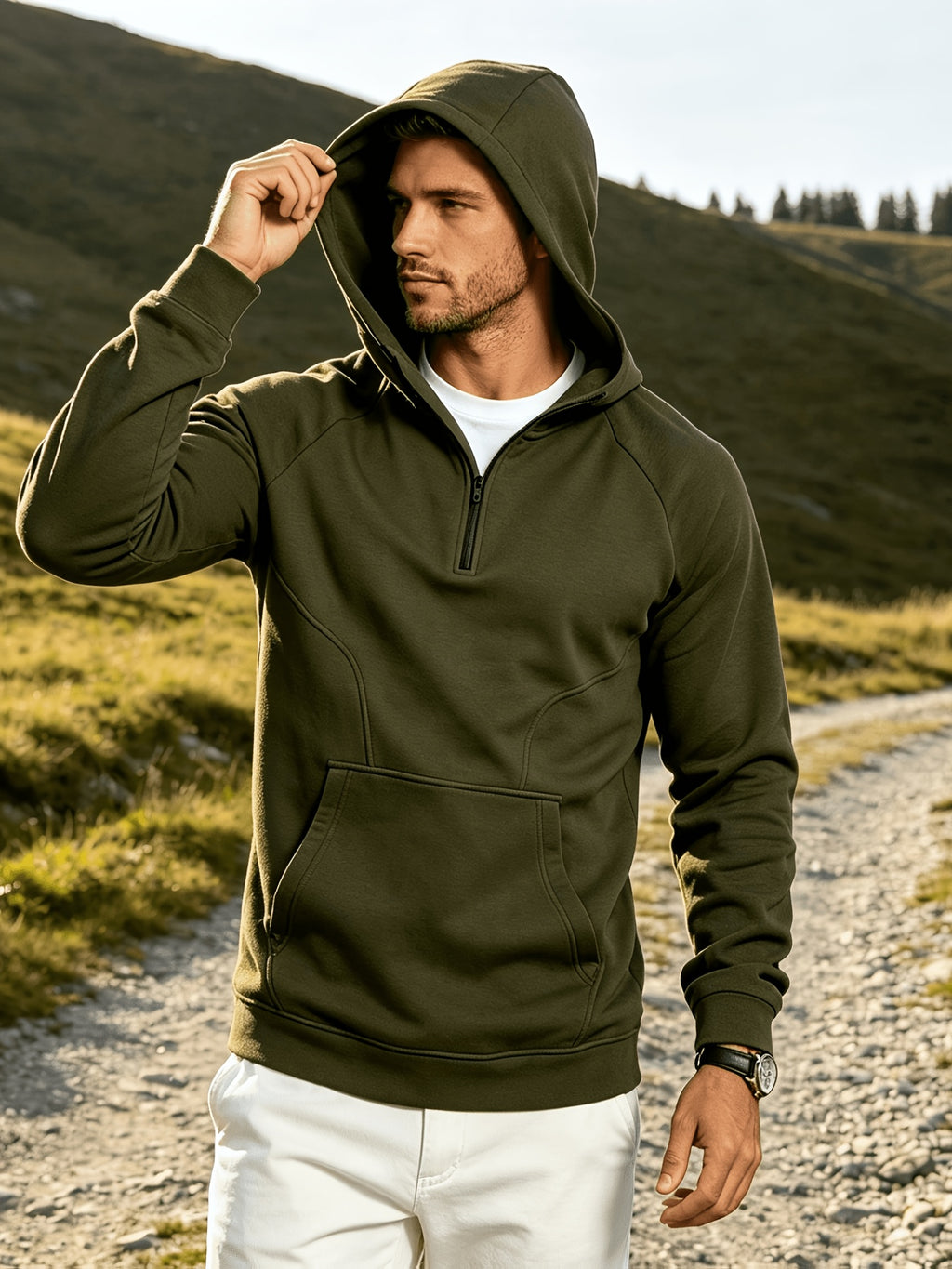Heavyweight Autumn/Winter Men's Outdoor Sports & Fitness Spliced Hooded Loose Fit Inverted Triangle Sweatshirt - Military Green