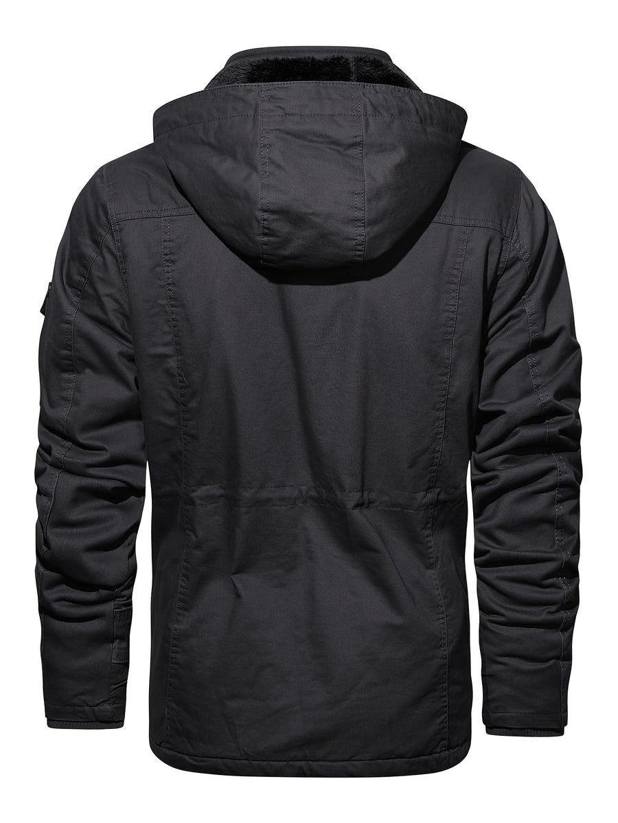 Men'S Winter Fleece-Lined Hooded Jacket - Thick Warm Insulated, Multiple Pockets, 100% Polyester Casual Coat, Machine Washable Regular Fit for Autumn/Winter Outdoor Wear, Winter Outerwear - Black