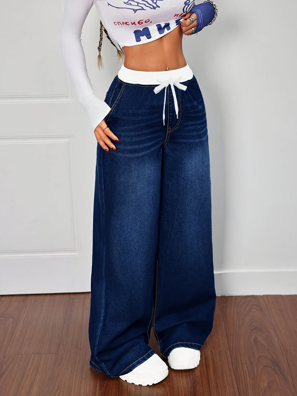 Plus Size Wide-Leg High-Waisted Solid Blue Denim Pants - Elastic Stretch Academy Style with Drawstring Waist, Loose-Fit for all-Season Casual Wear, Jeans/Uniform Trousers (Machine Washable) - Medium Blue