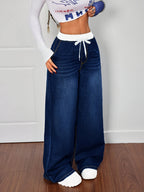 Plus Size Wide-Leg High-Waisted Solid Blue Denim Pants - Elastic Stretch Academy Style with Drawstring Waist, Loose-Fit for all-Season Casual Wear, Jeans/Uniform Trousers (Machine Washable) - Medium Blue