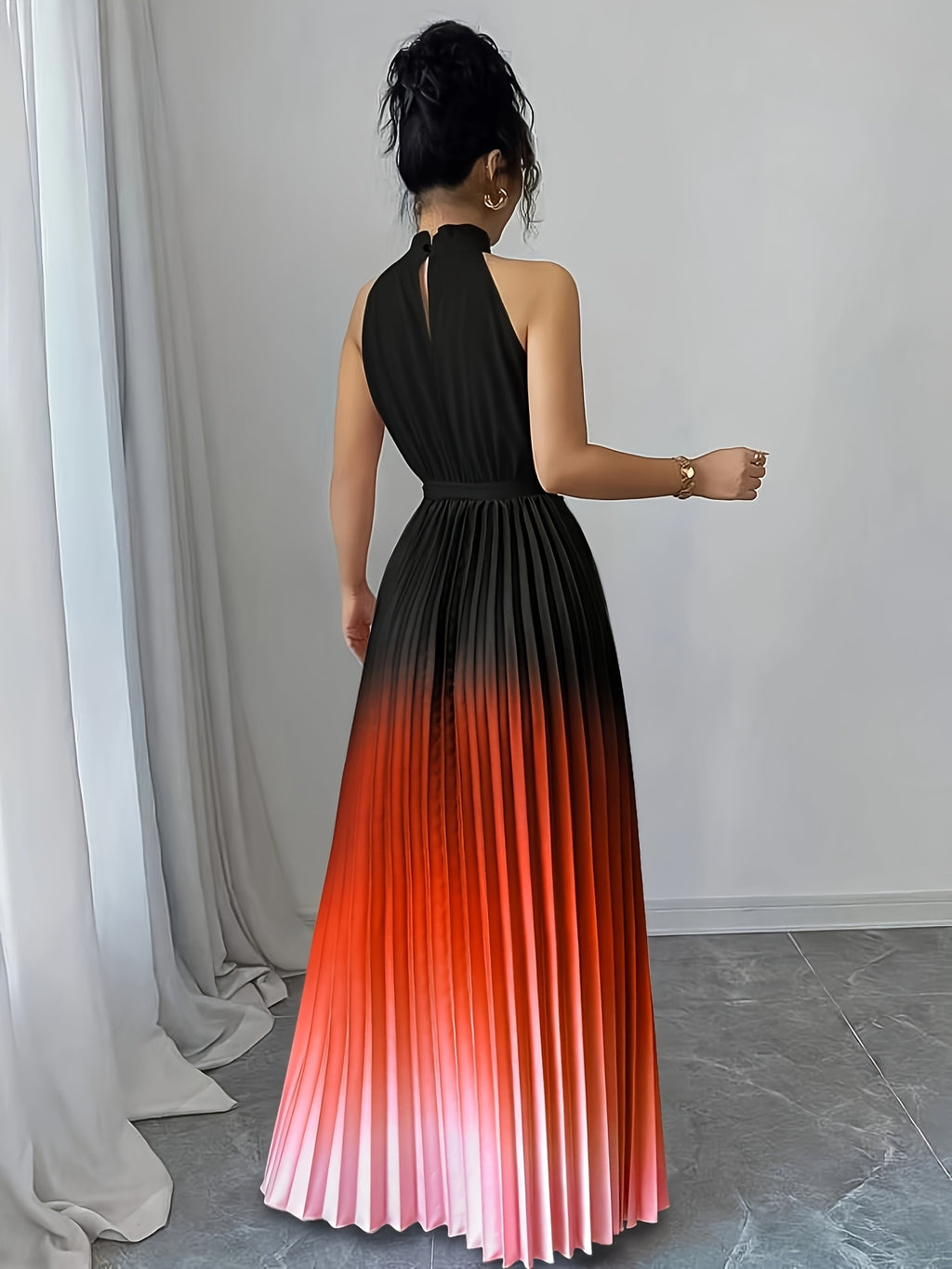 Elegant Romantic Ruffled Neckline And Waist Tie A-Line Pleated Gradient Maxi Dress - Gradient Orange
