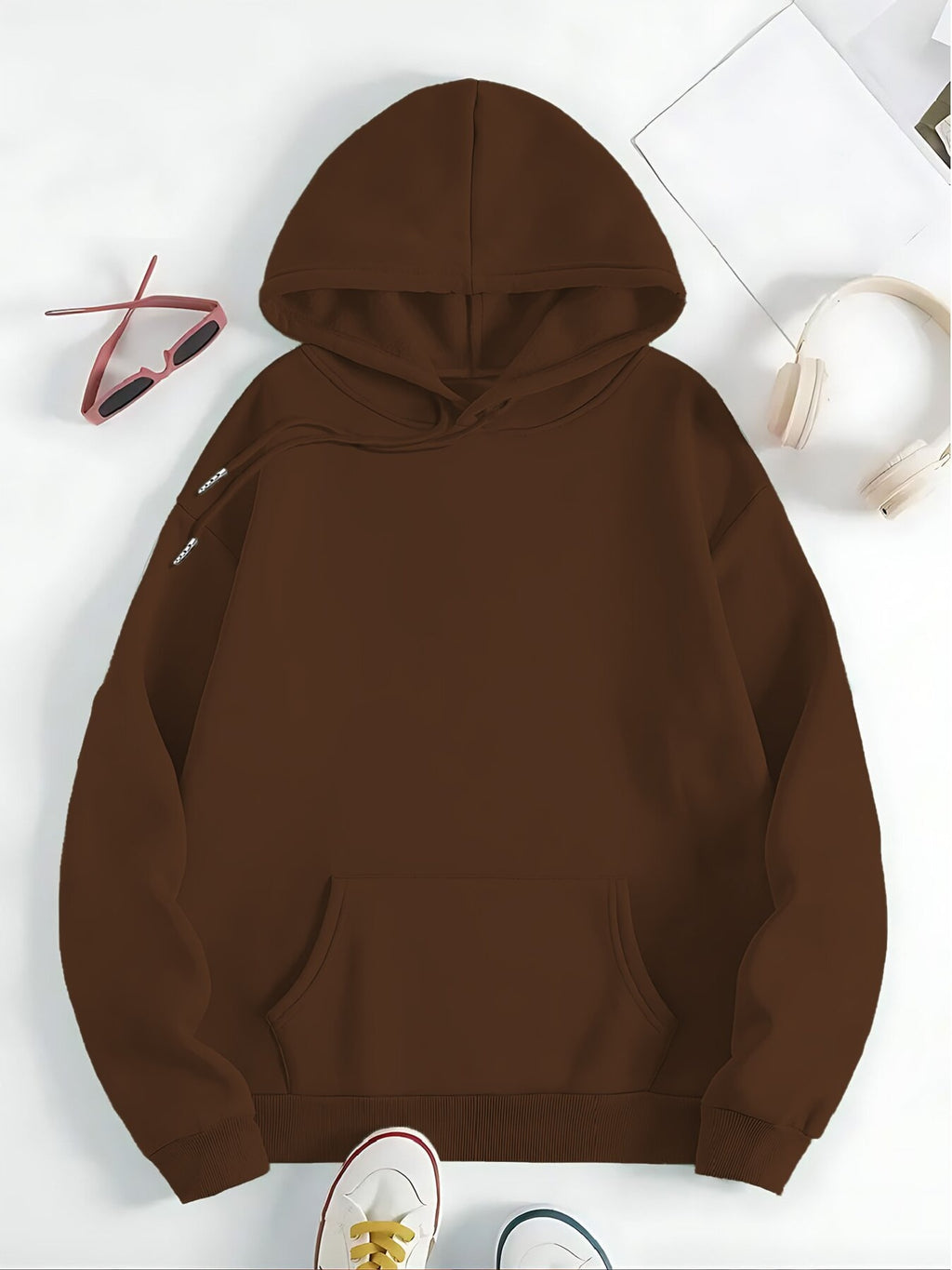 Women's Back Print Hooded Sweatshirt with Back Design - All-Season Casual Sweater, Relaxed Fit Machine Washable Sweaters with Hood, Cozy Sweaters for Women (Geometric/Text/Number/Graphic Prints) - Coffee Color