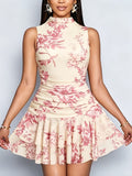 New Women's Summer Vacation Sexy Party Outfit, Back-to- Season Mini Dress, Aristocratic and Elegant Artistic Print Skirt - Pink