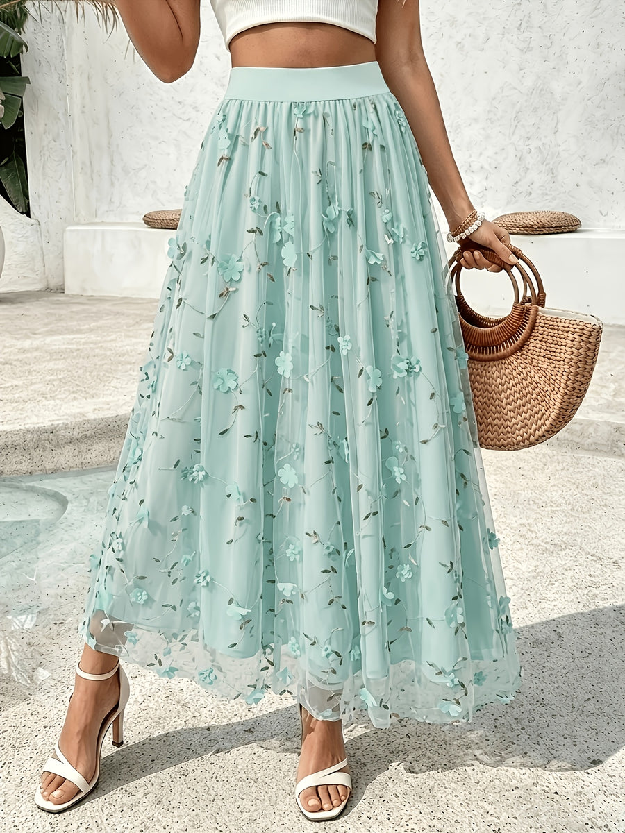Women'S Elegant Spring Summer Embroidered Mesh Floral Appliqué A-Line Vacation Dress, Suitable for Vacation, Dating, Parties, Commuting And Other Occasions - Light Green