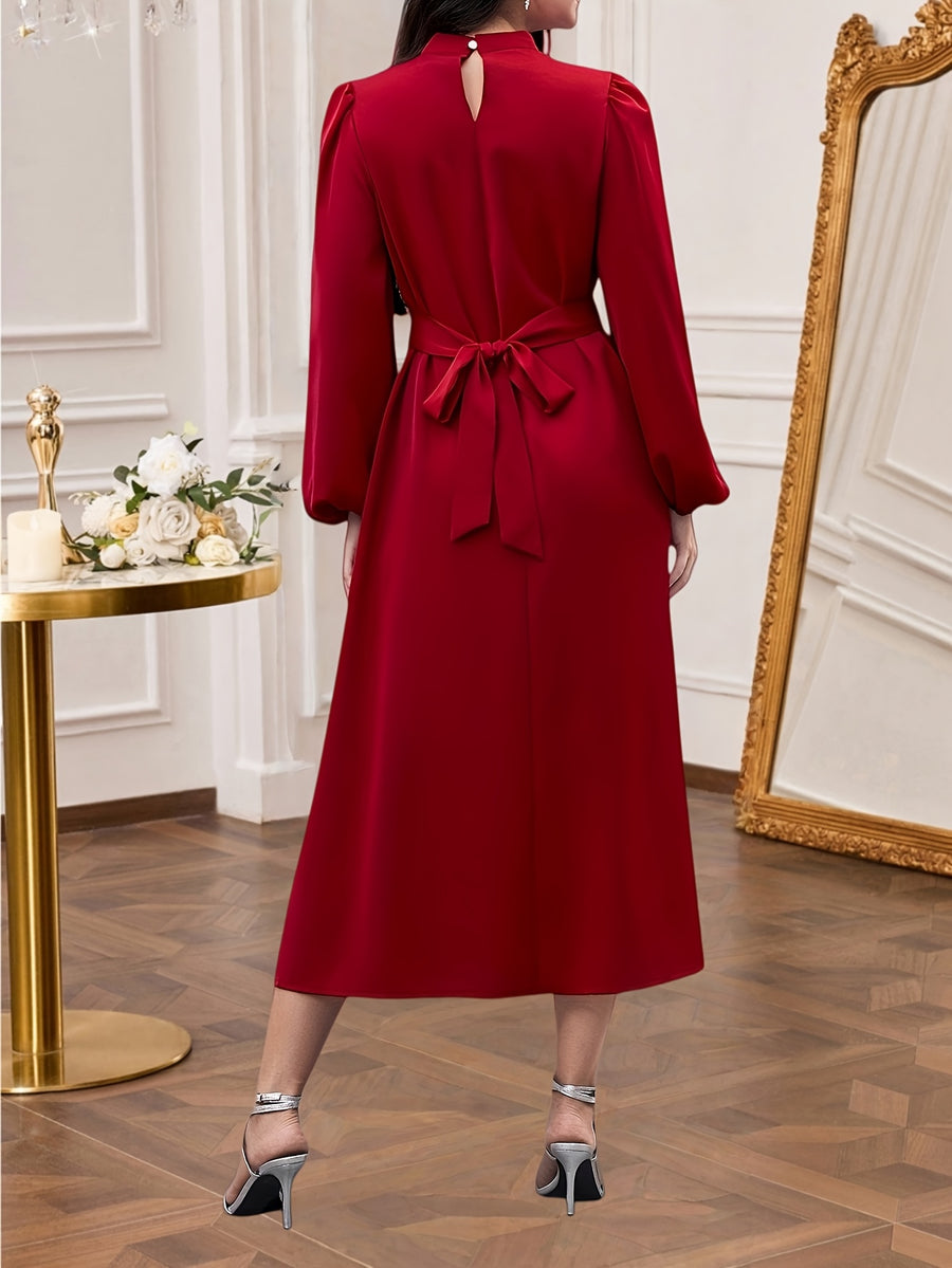 Elegant Party Women's Solid Color Long Sleeve Belted Dress - Red