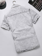 Men's Fashion Versatile Summer Non-Stretch Denim Short Sleeve Shirt Jacket in Off White Snowflake + Regular Wash Soft Process - Gray White Snowflake Color