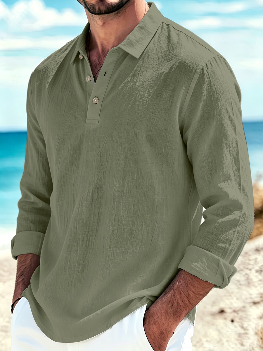 Men's Fashion Long-Sleeve Linen Shirt - Seaside Vacation Casual Top, Button-Up with Half-Open Placket, Lightweight, Loose, and Comfortable, Perfect as a Summer T-Shirt or Gift - Tactical Green