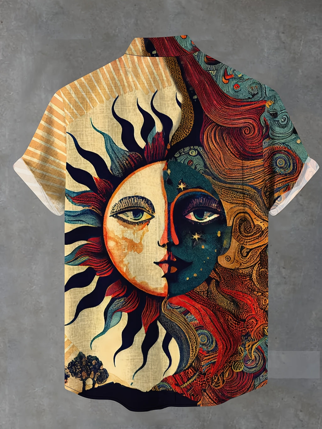 Men's Vintage Sun God and Moon Print Short-Sleeve Shirt, Summer Hawaiian Style Lapel Cardigan, Unique Artistic Vacation Top - Mixed colors