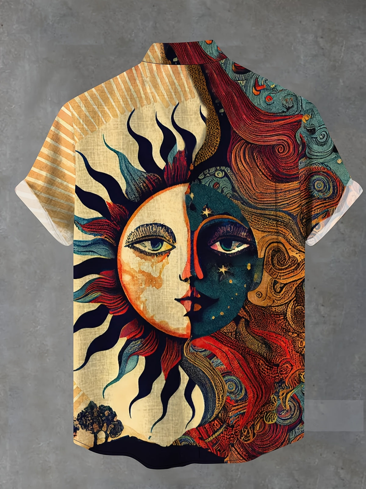 Men's Vintage Sun God and Moon Print Short-Sleeve Shirt, Summer Hawaiian Style Lapel Cardigan, Unique Artistic Vacation Top - Mixed colors