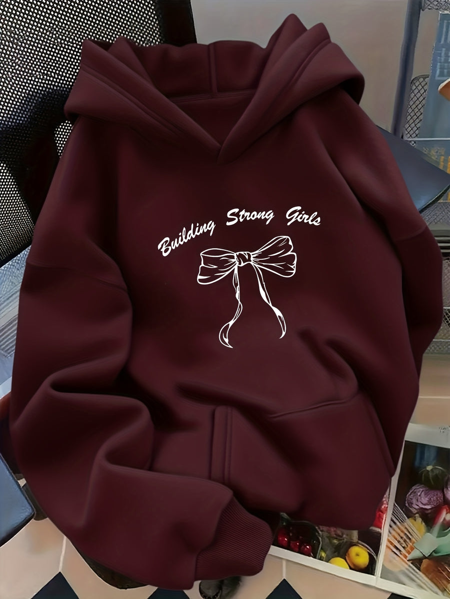 Women's Oversized Hooded Sweatshirt with Bow & Letter ' Print - Cozy Loose-Fit Sweater, Medium-Stretch Fabric, Machine Washable, Spring/Autumn Casual Wear (Year-Round) - Bow & Letter ' Design for Layering, Loose Sweater - Deep Red